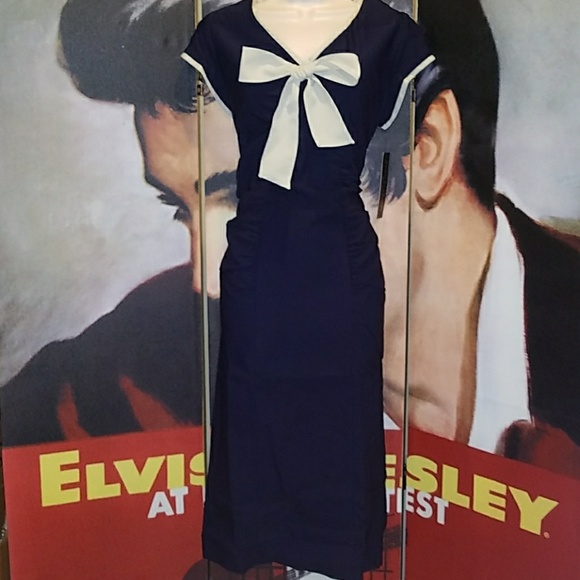 Stop Staring Newport Vintage 1950's Navy Blue Pinup Pencil Dress w Big Tan Bow - Picture 3 of 8